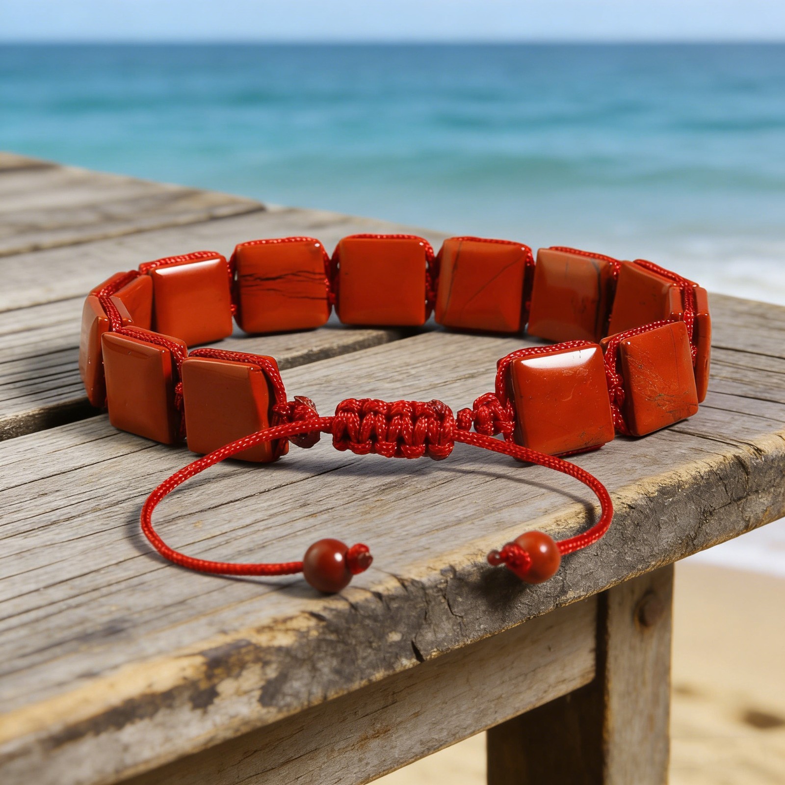 Natural Red Jasper Men Beaded Bracelet Red Crystal 10mm Square Beads Jewelry