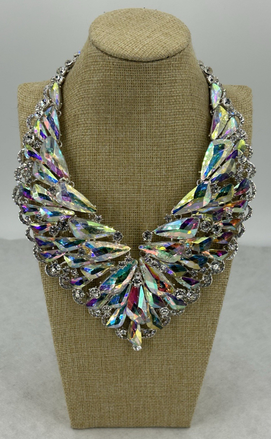 Vintage AB Crystal Bib Necklace Breastplate Breast shield Statement 17-19 Inch