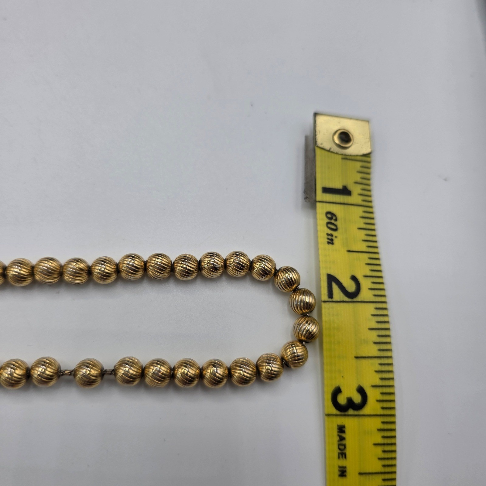 Monet Vintage Gold Tone Ribbed Bead Necklace Textured Round Strand 27 Inch
