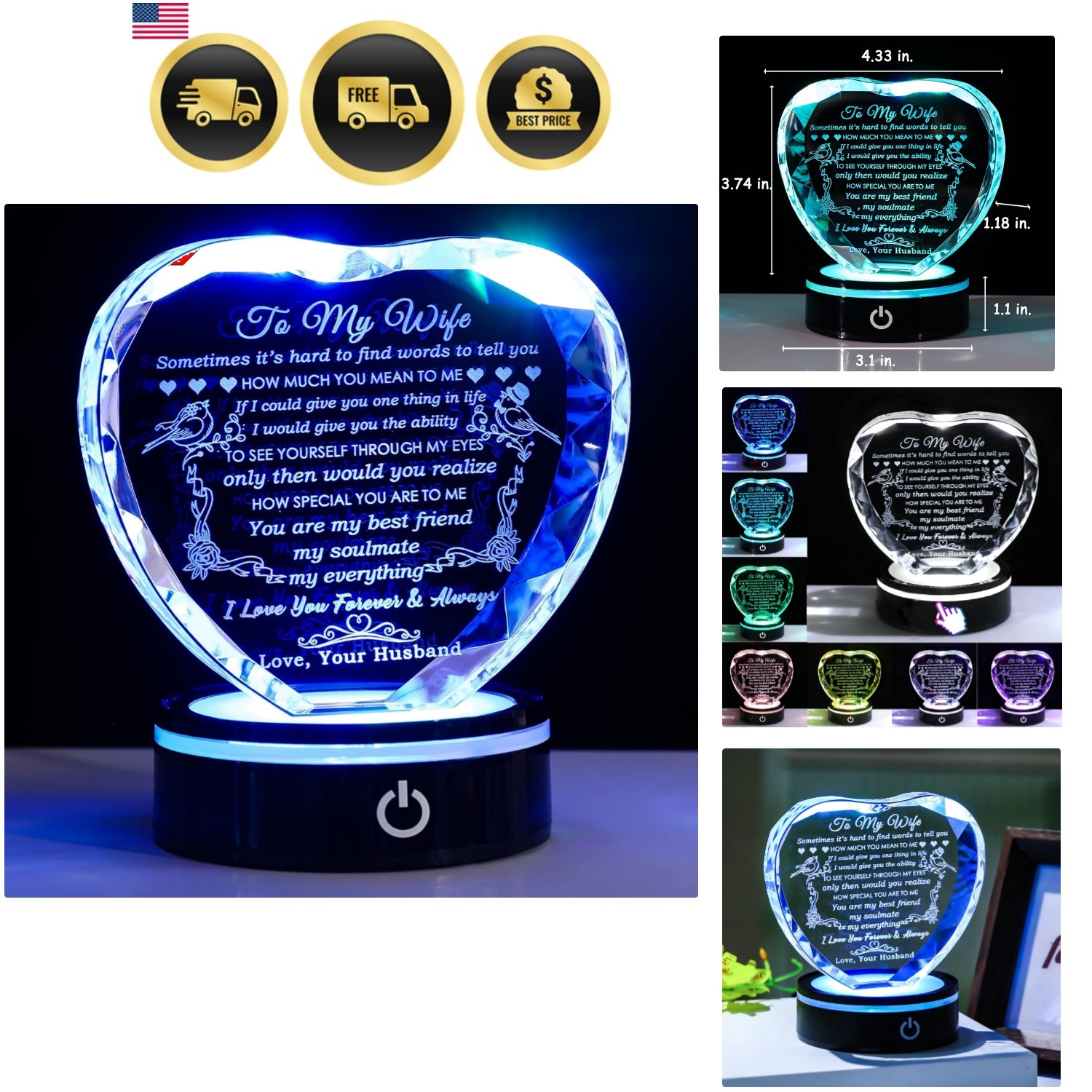 Gifts for Wife with Colorful LED Base Romantic Wedding Anniversary I Love You…