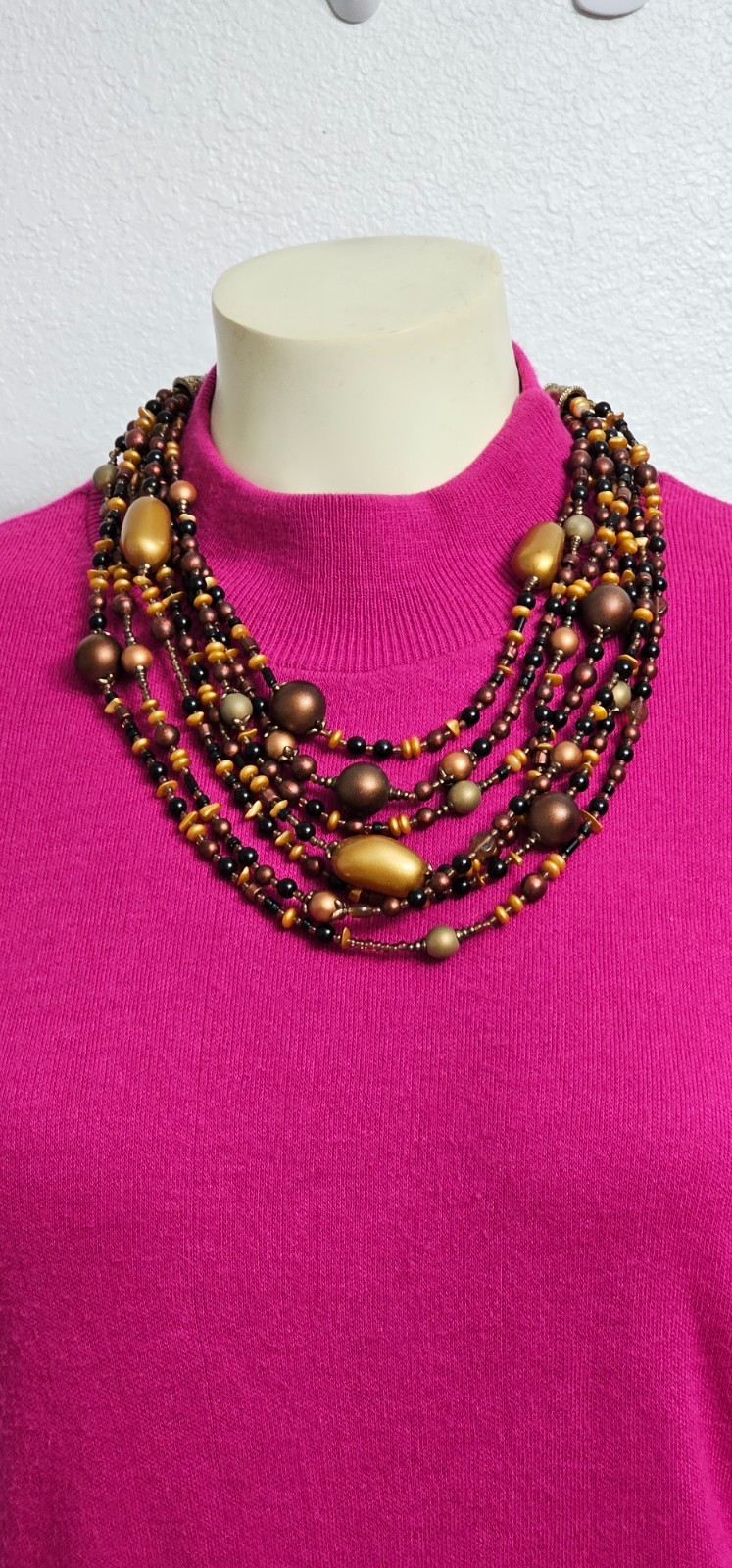 CHICOS 7 strand necklace brown gold beads 21” plus 4 1/2” chain