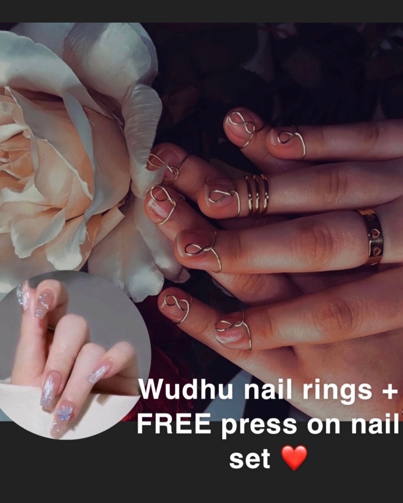 WUDU NAIL RINGS – 18k GOLD Steel (10 Rings) + FREE press on nail set & Glue Tabs