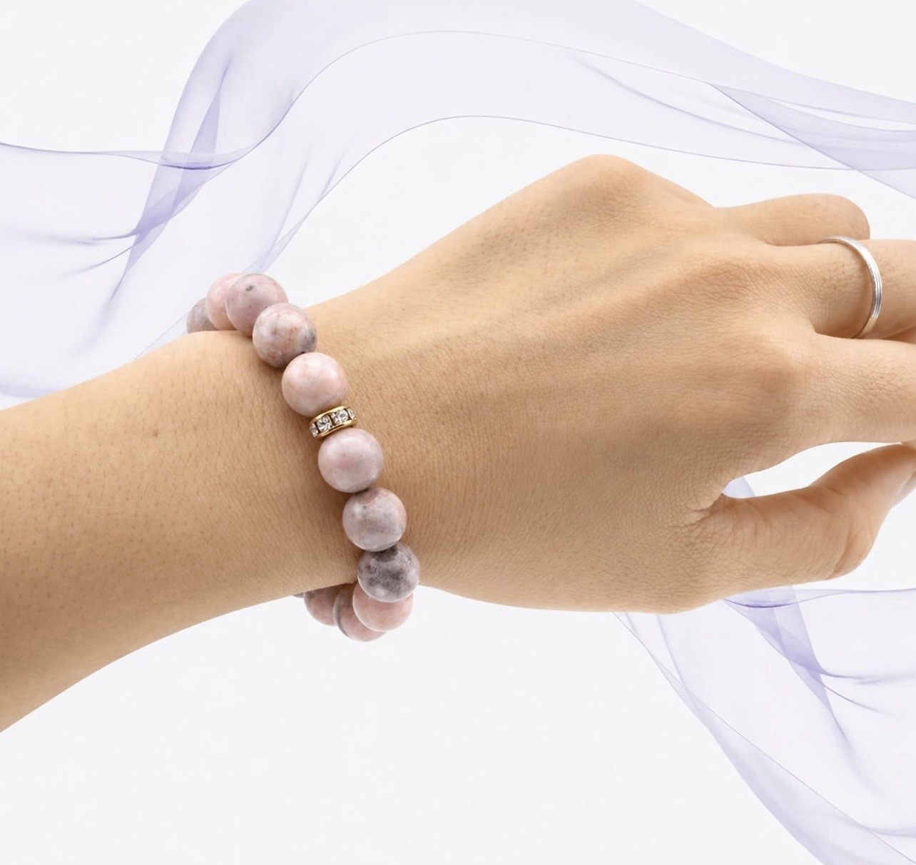 Pink Gray Round Stone Beaded Stretch Bracelet 7-8 in No Clasp