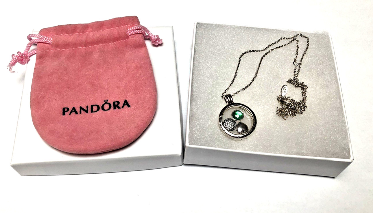 Authentic PANDORA Crystal Glass Locket, 3 Charms & 23.6″ Adjustable Necklace