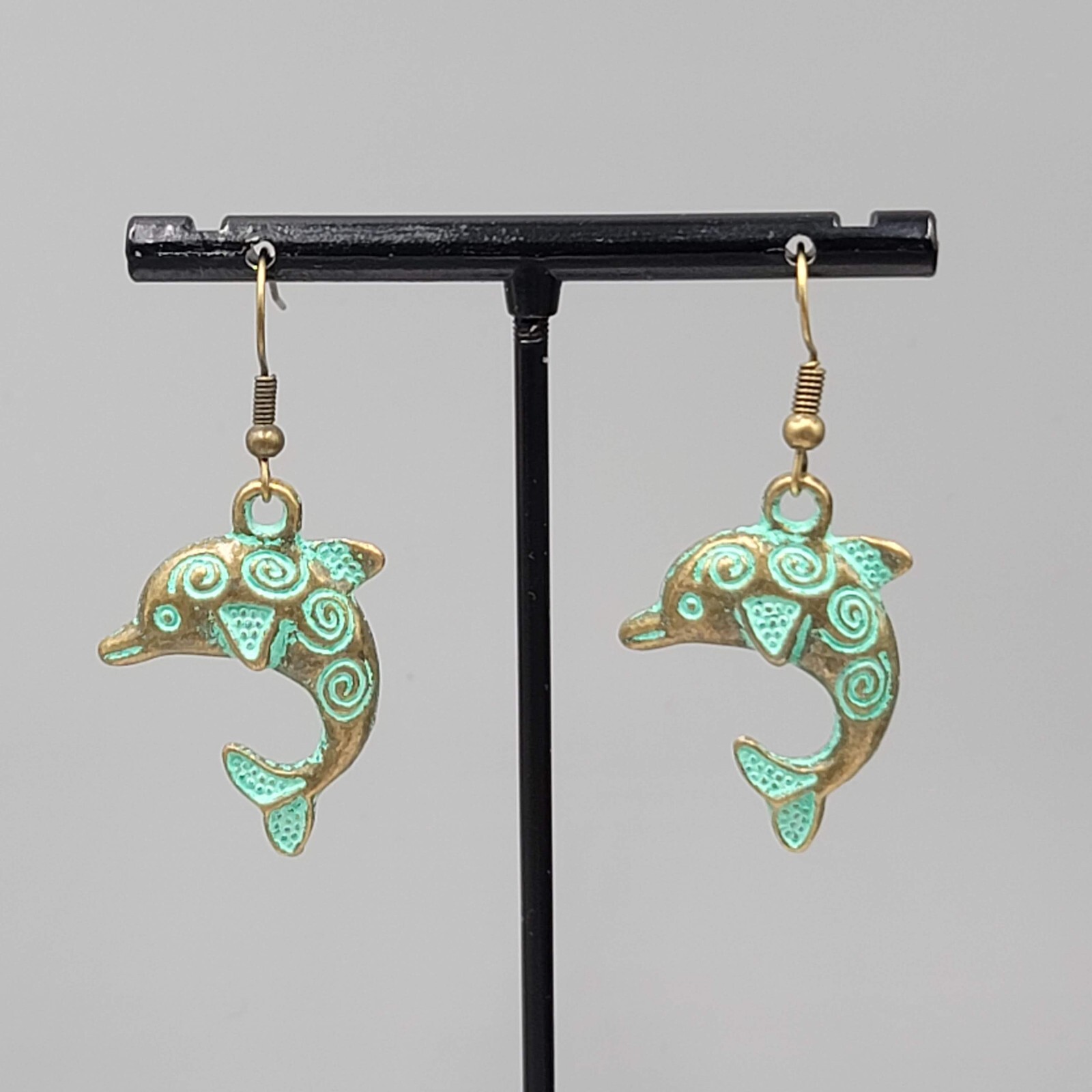 Dolphin Beach Sea life Pierced Earrings Bronze tone Green wash Dangle 1.25″