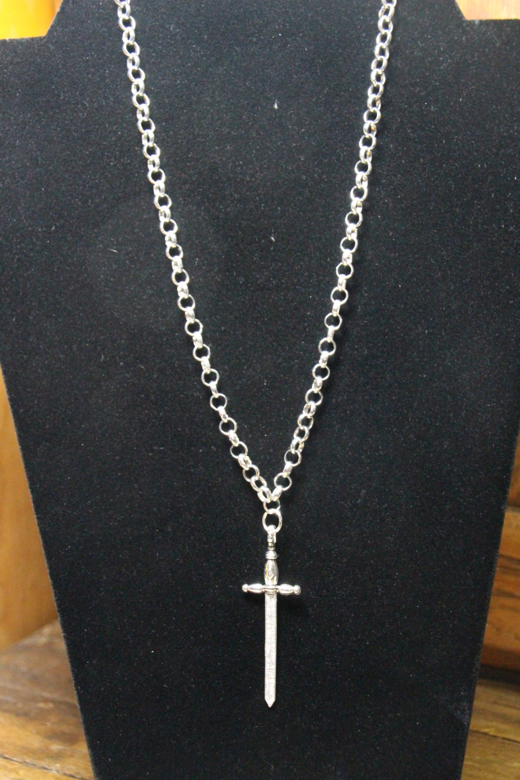 Sword Charm Fantasy Pewter Pendant Stainless Steel Chain Necklace Renn Fair 18″