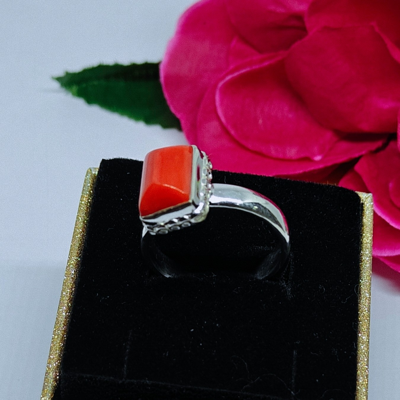 92.5 Sterling Silver Ring Red Coral Gemstone Adjustable Wedding Jewelry Gift.
