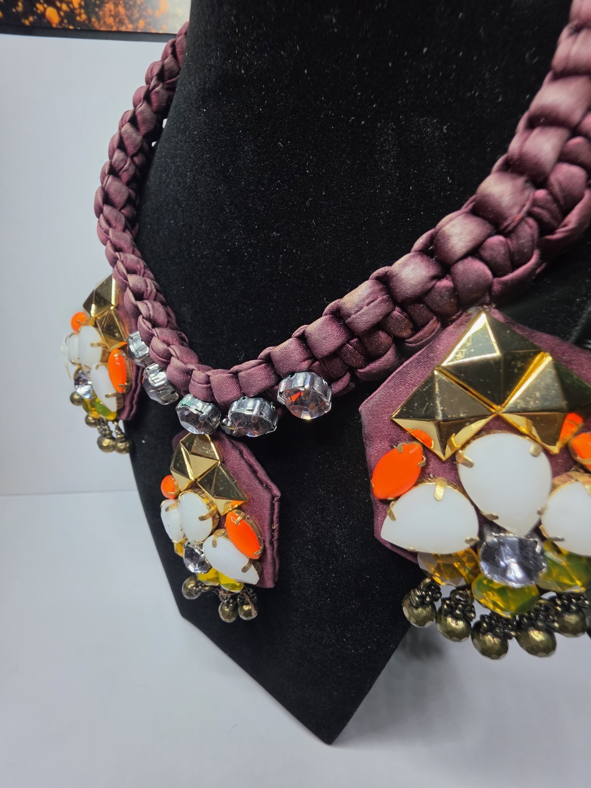 J.CREW Burgundy Satin Rope Statement Necklace Orange White Crystal Bib Signed