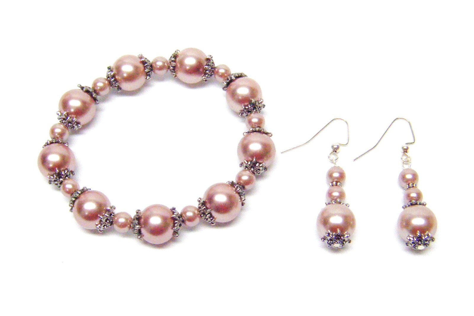 6/12mm Smoke Glass Pearl Necklace/Bracelet/Earrings w/Silver Plated Bead Caps