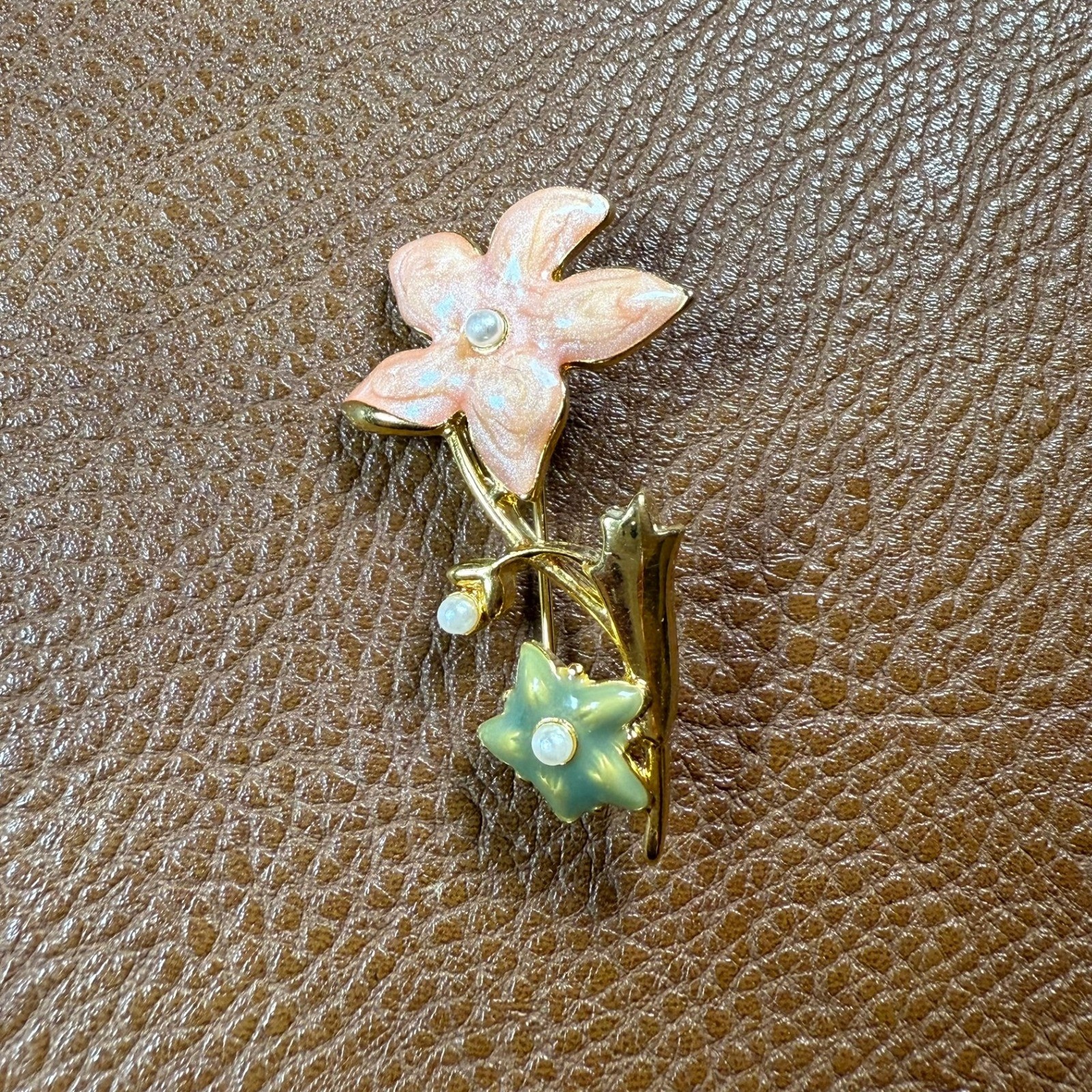 Vintage Enamel Flower Brooch Pink & Green Gold Tone Faux Pearl Floral Pin