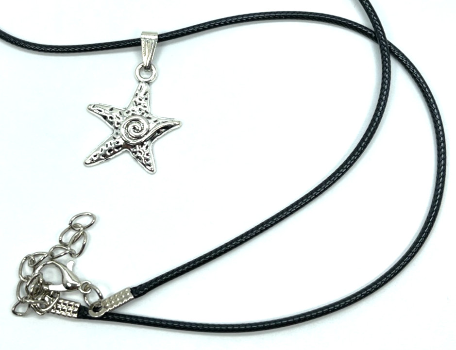 Necklace Silver Tone Starfish Hanging on a Black Cord 18″ + 2″