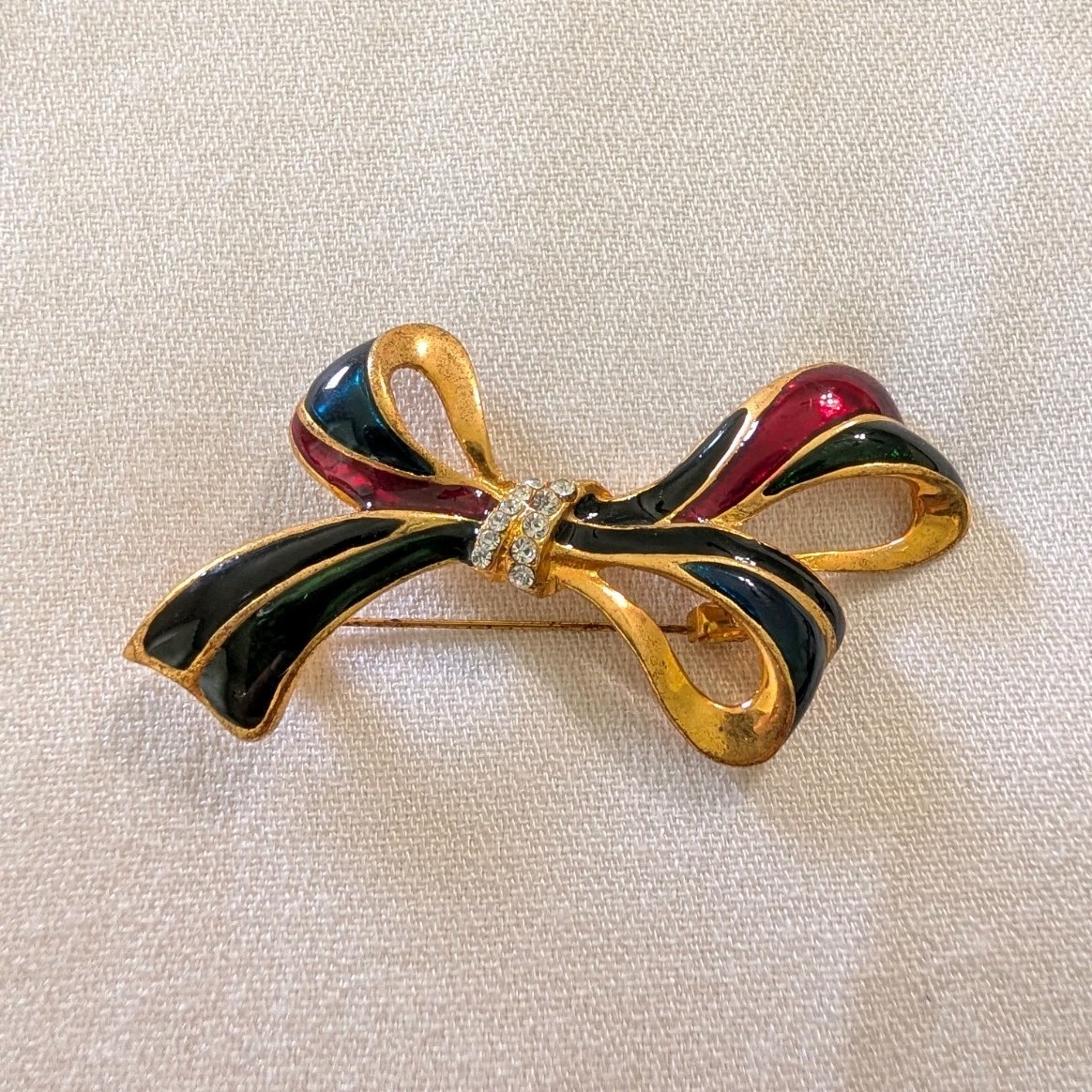 Gold Tone Enamel Bow Brooch w/ Rhinestone Center, Black Red Blue Green
