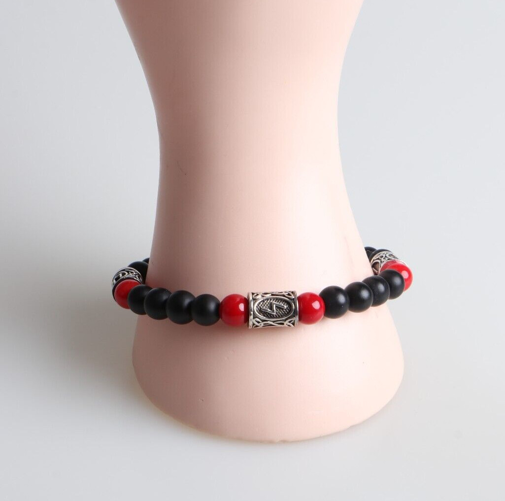 Elegante Pulsera de Agata negra y Coral Rojo Brazalete Cuentas Vikingas