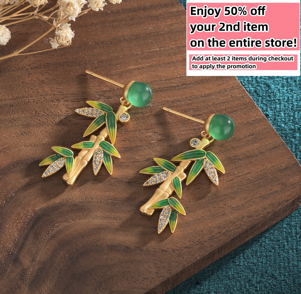 Jade Crystal Drop Earrings 18K Gold Plated Dangle Gemstone Bamboo Leaf Handmade