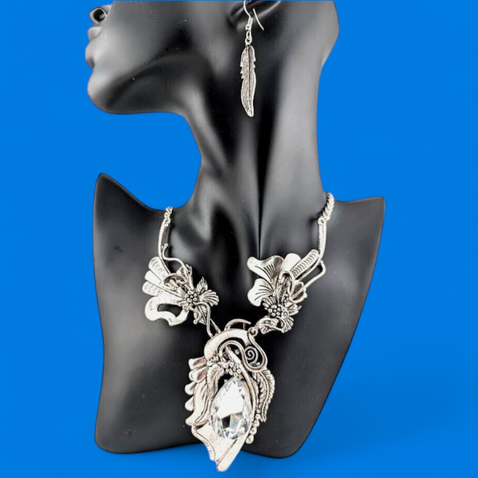 SILVER CHUNKY FLORAL BIB NECKLACE art nouveau lily clear stone earrings set Z8