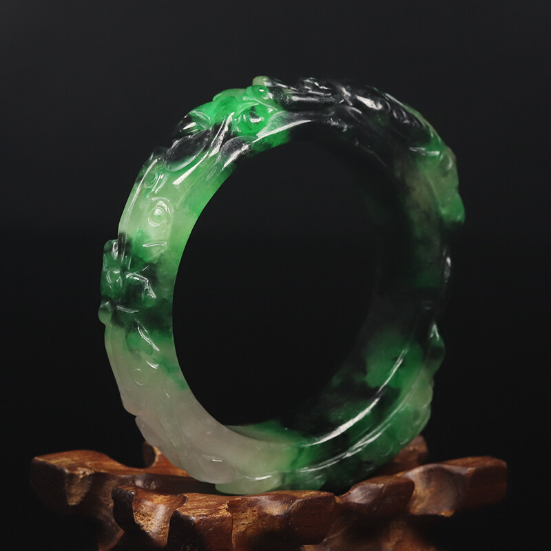 53mm Natural Black Green Jadeite Jade Bangle Bracelet Dragon Butterfly 11597