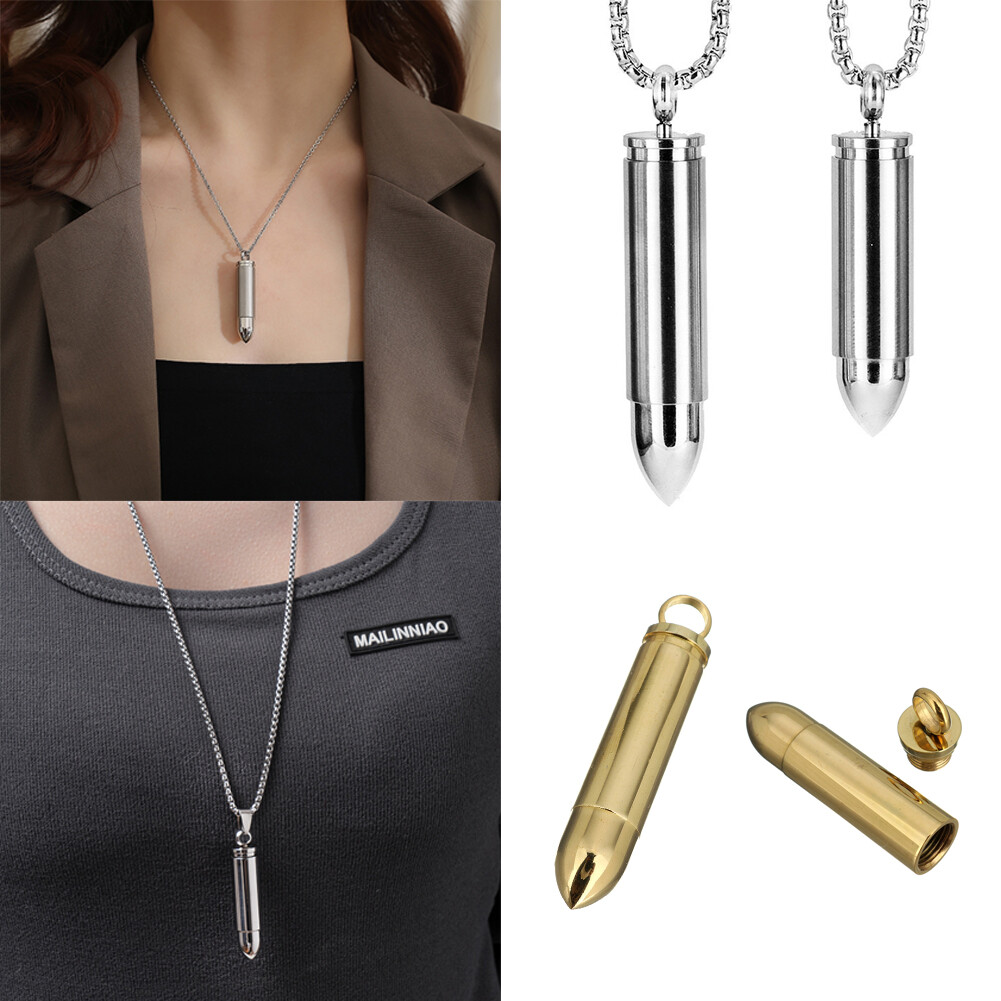 Mens Stainless Steel Necklace Open Bullet Pendant Pill Case Holder Male Jewelry