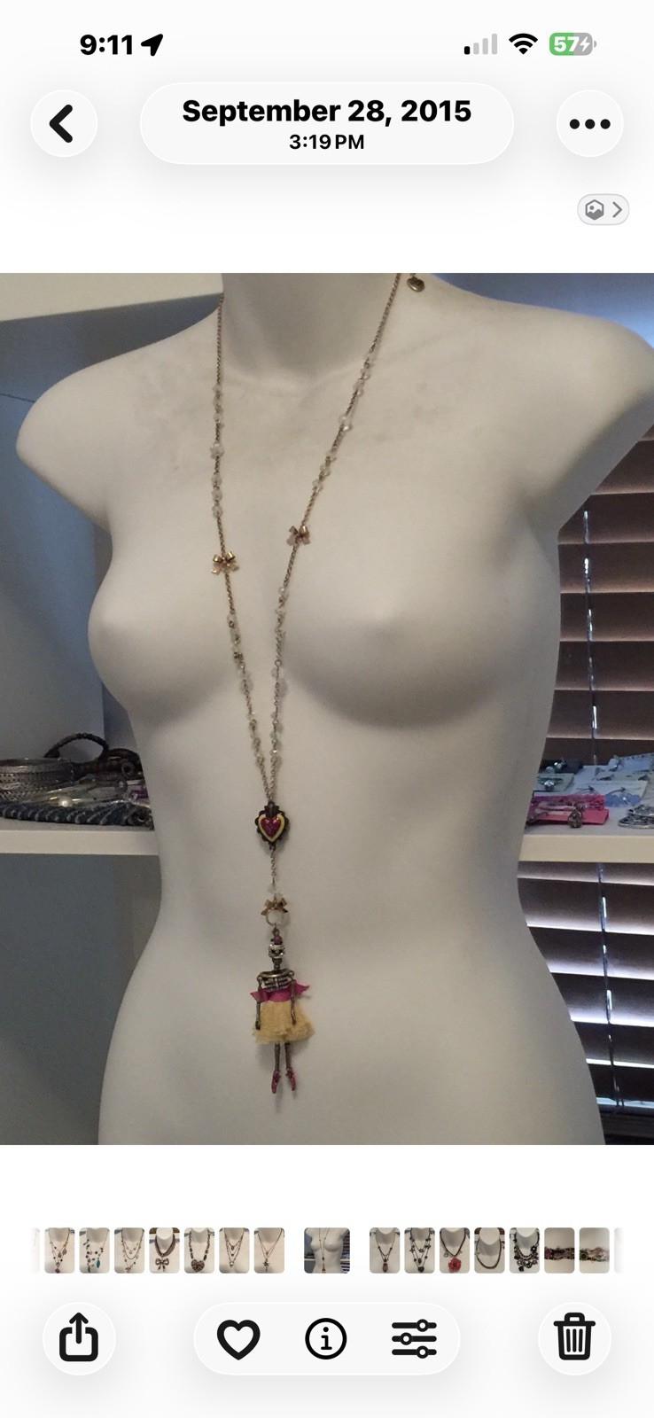 Silver Tone Long Beaded Cable Chain Necklace Pink Heart Charm Crystal Pendant