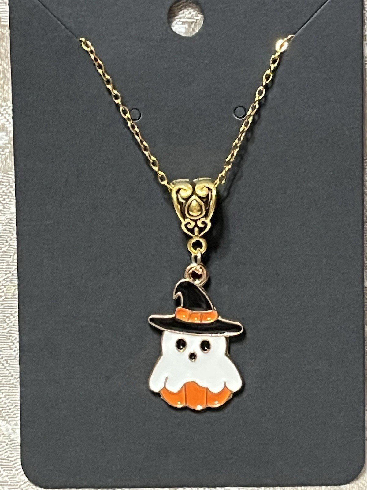 Retro Ghost Witch Halloween Charm Bohemian Novelty Fun Gold Boho Necklace 18”