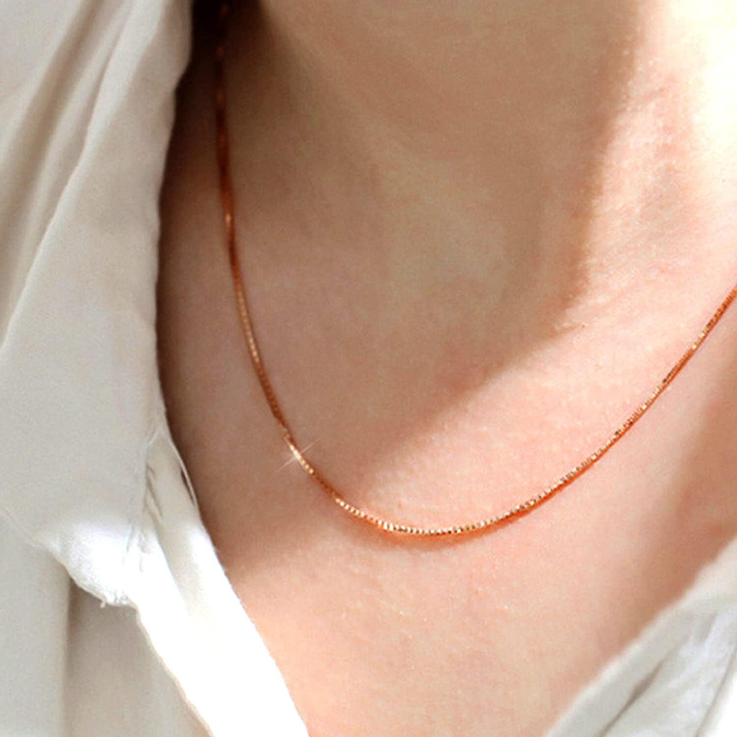 14k Real Solid Gold Mirror Box Chain Necklace, 0.45mm (20 Inches, Rose Gold)
