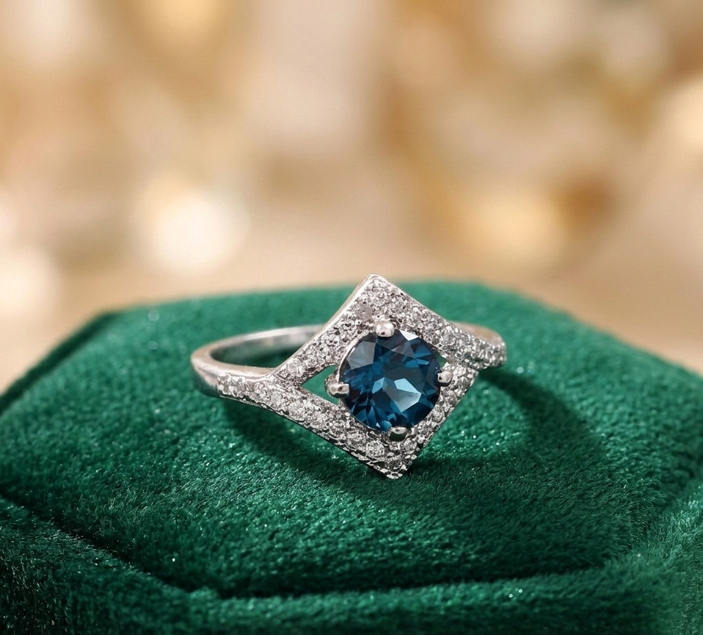 Art Deco London Blue Topaz Kite Ring, Sterling Silver Geometric Halo Engagement