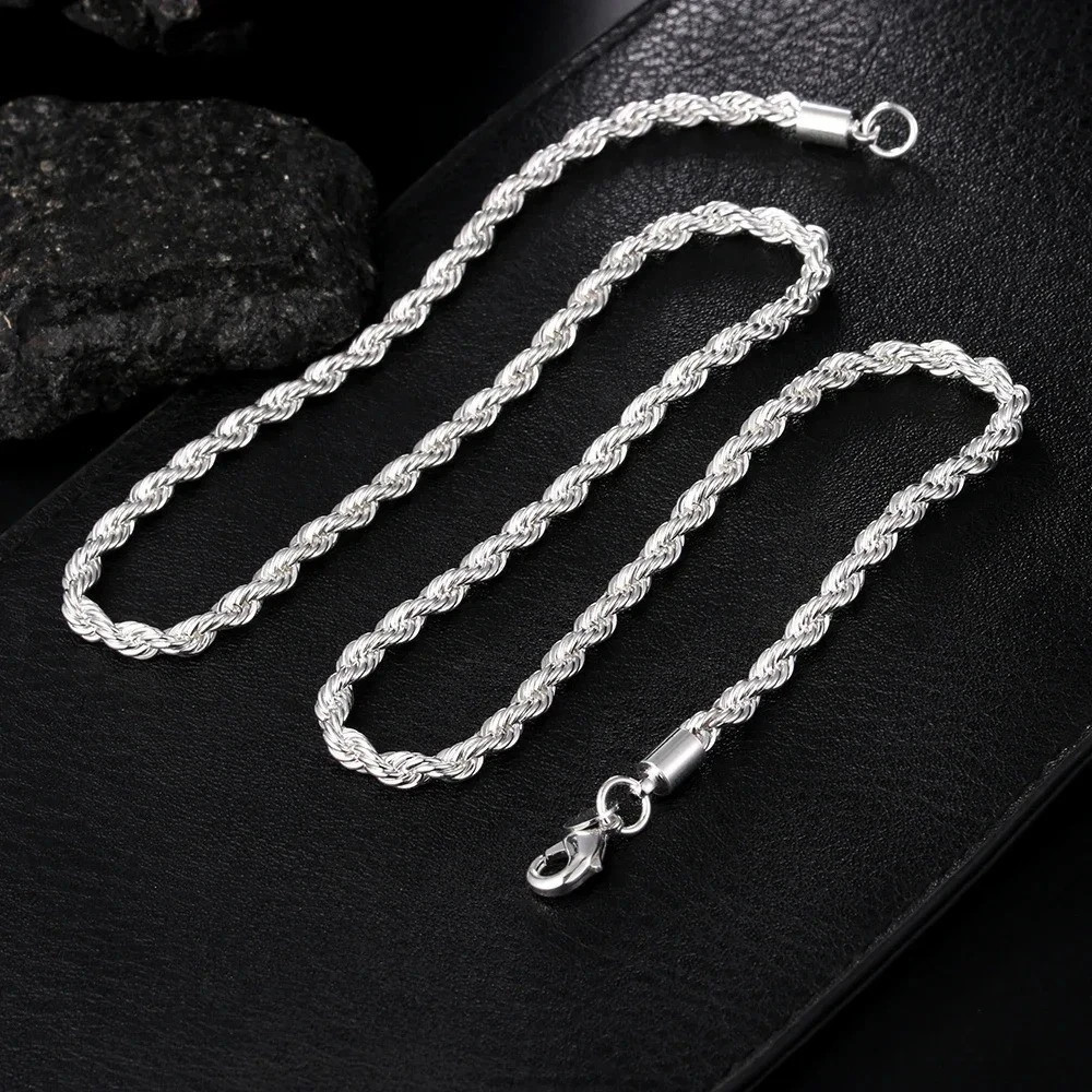 4MM Rope Chain Necklace 925 Sterling Silver Fashion Jewelry for Women Men Gift