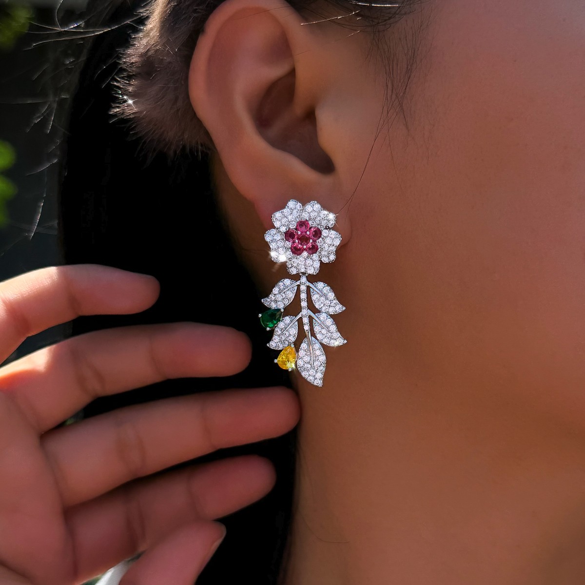 Exquisite Silver Plated Cubic Zirconia Flower Leaf Drop Earrings Wedding Jewelry