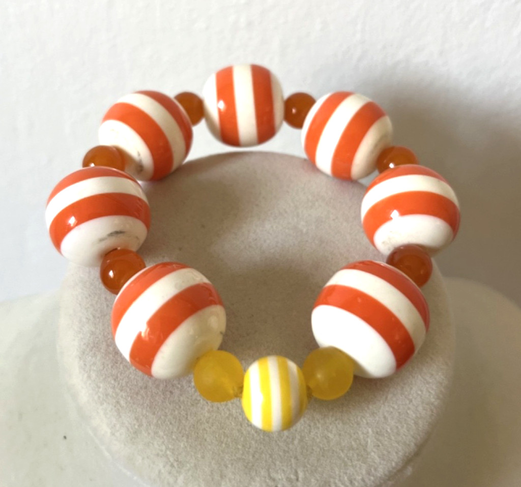 Orange and White Striped Acrylic & Glass Ball Stretch Bracelet
