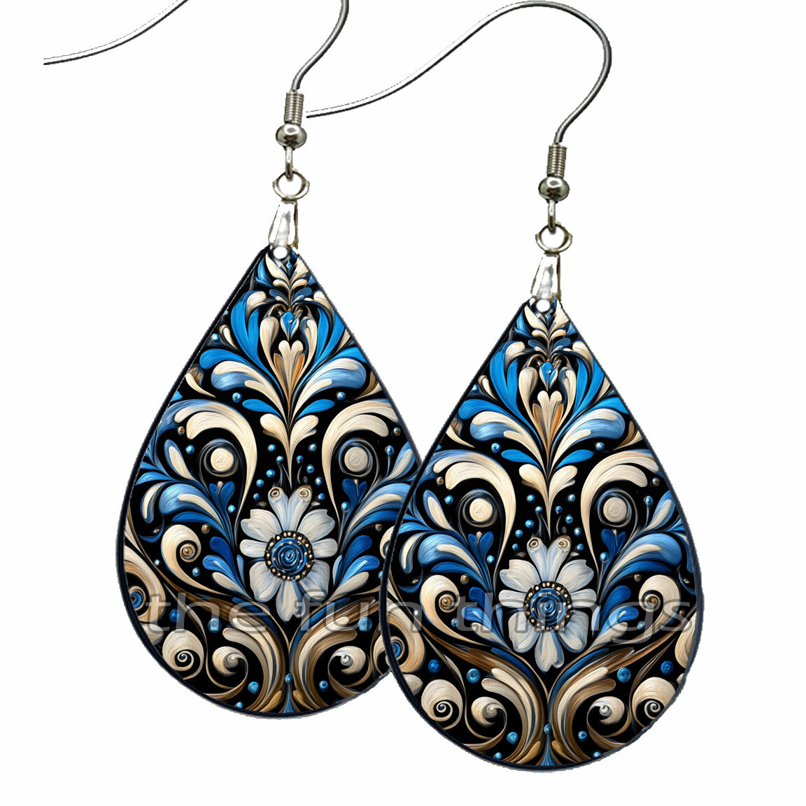 Ukrainian Blue Floral Folk Art Print Earrings NO TARNISH Wood Dangle Teardrop