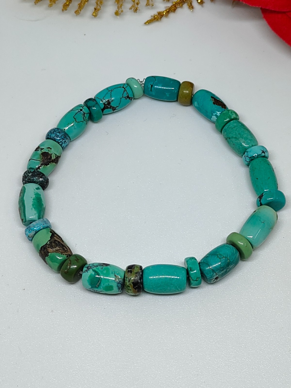 Blue Green turquoise Rondelle Barrel beads Stretchable bracelet- Gift For Her