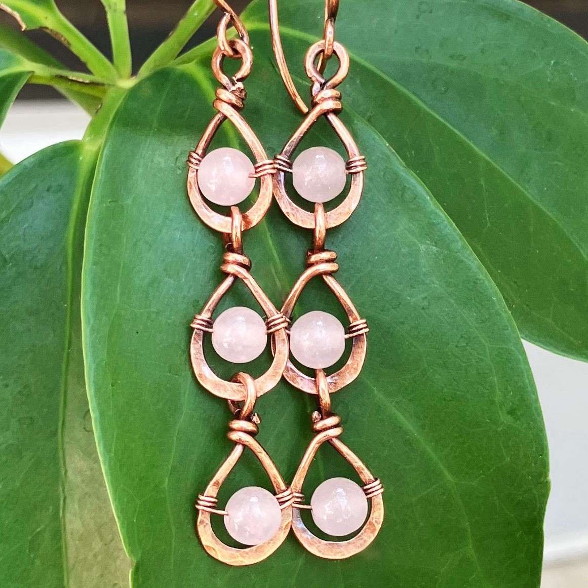 Wire Wrapped Teardrop Dangle Earrings Boho Pink Stones Rose Quartz Long Copper
