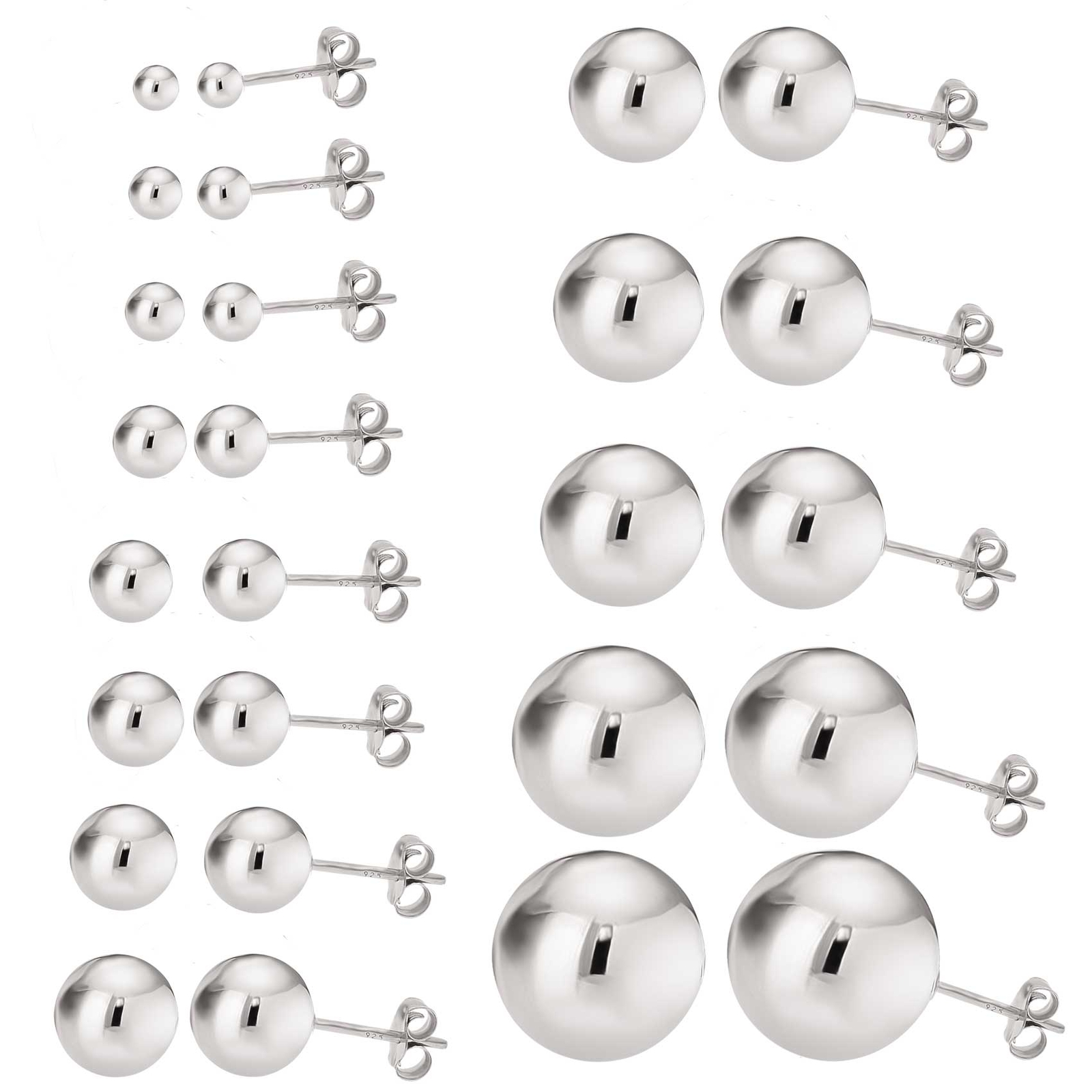 Sterling Silver .925 High Polished Round Ball Bead Stud Earring Pair with backs