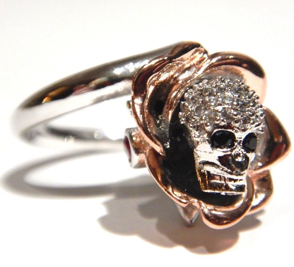 SKULL ROSE RING silver & rose gold plated glass crystal gothic death flower H5