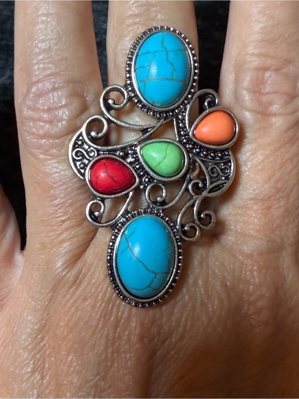 Southwestern Multicolor Stone Statement Ring Silver Tone Stretch Boho