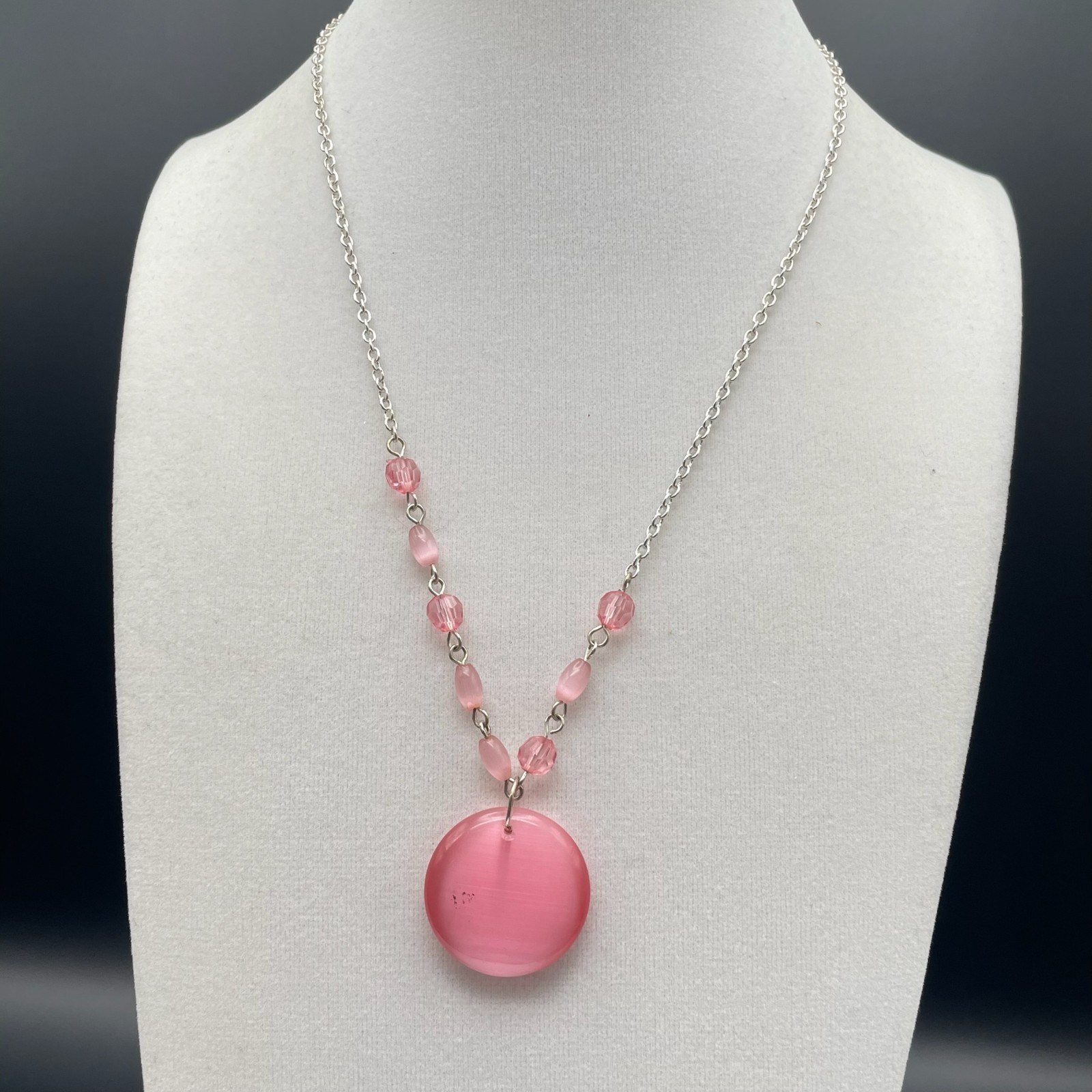 Vintage Silver-tone chain necklace with round pink pendant and accent beads 23In