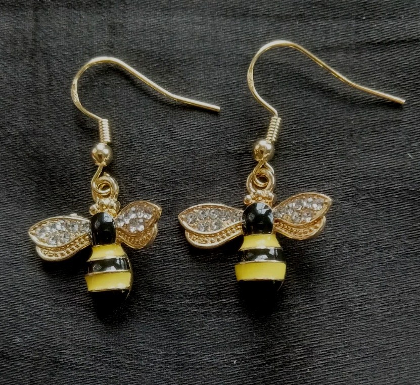 HONEY BEE DROP DANGLE EARRINGS goldplated Yellow Black Enamel with Rhinestones