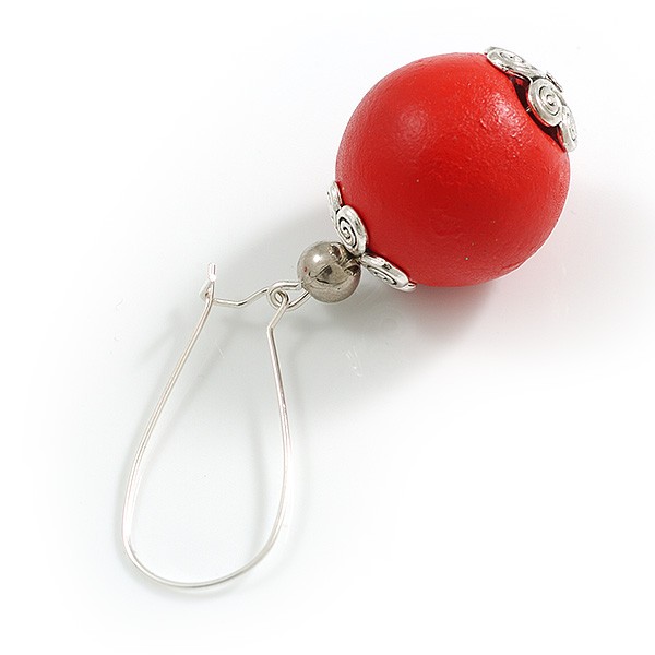 20mm Diameter Red Wood Dangle Bead Kidney Wire Closure Earrings in Silver Tone