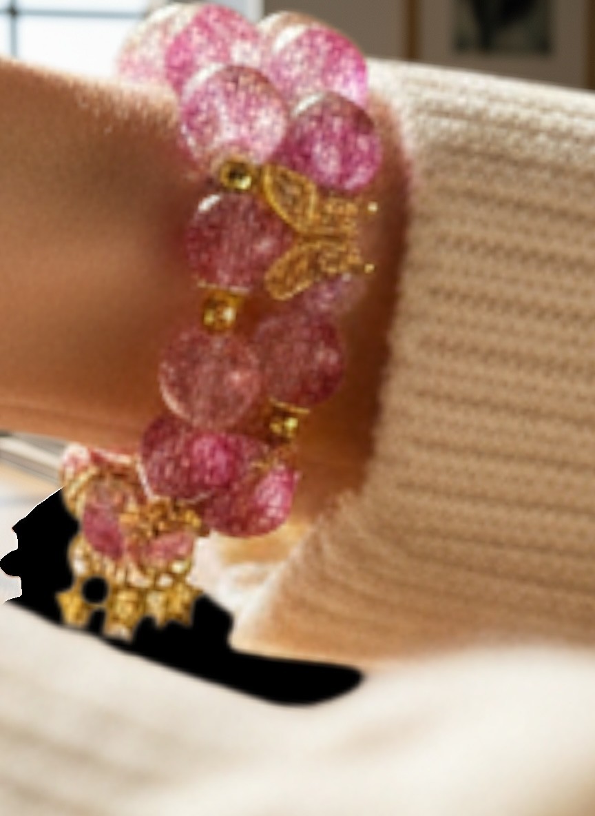 Pink Beaded Bracelet Gold Butterfly Charms Stretch Bracelet Strawberry Quartz St