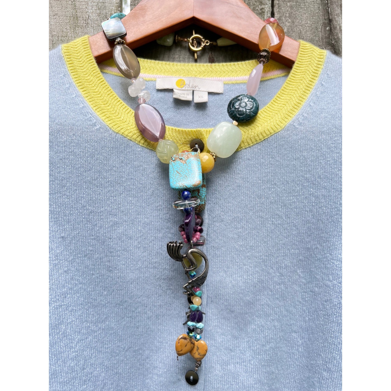 VTG Southwest Multi Gemstone Lariat Drop Statement Kokopelli Pendant Necklace