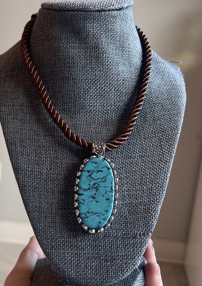 Atterri Cord Necklace Adjustable 16” – 19” Faux Turquoise Pendant Statement H3