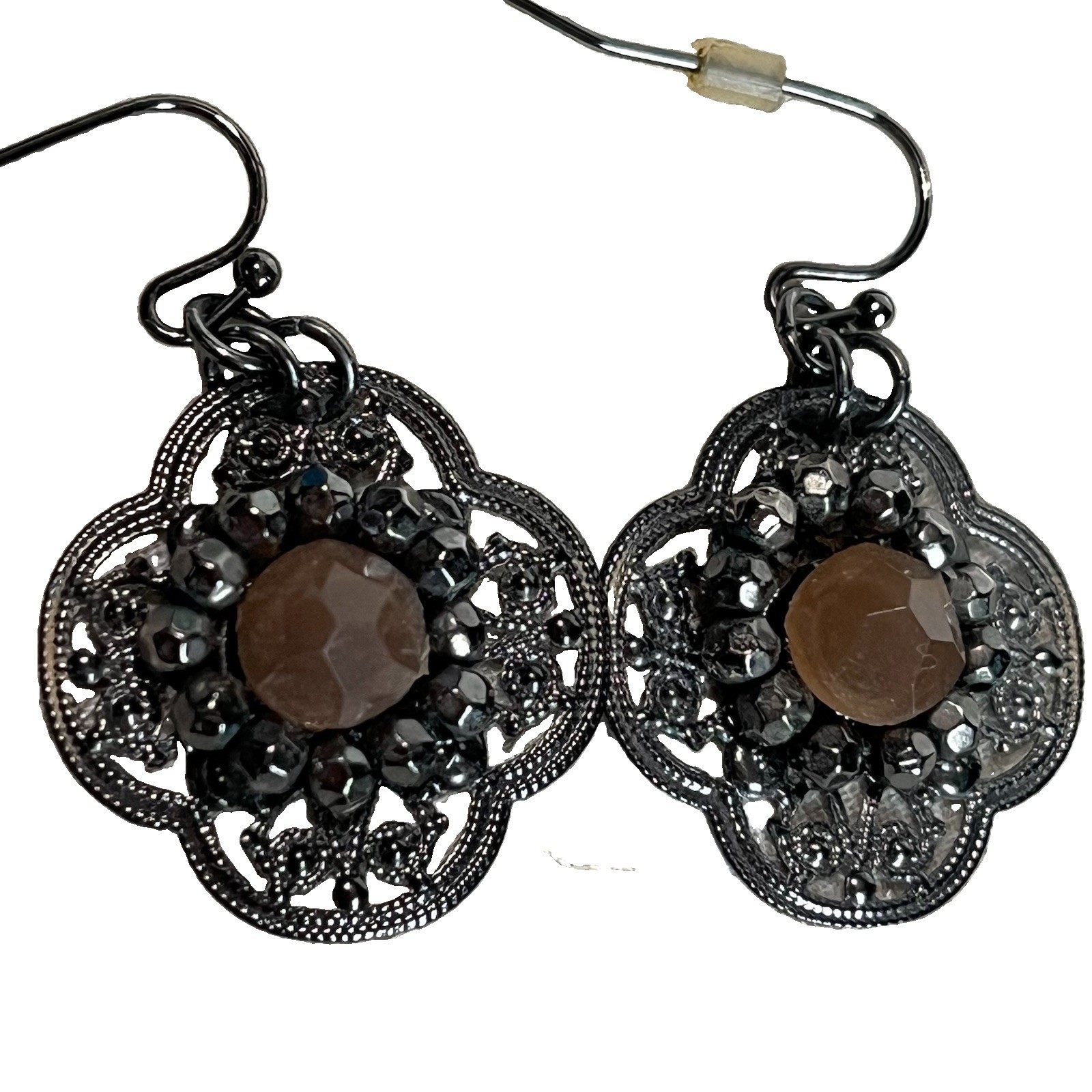 Gunmetal Tone Filigree Medallion Earrings Pendant Dangle Drop Pink & Gray Stones