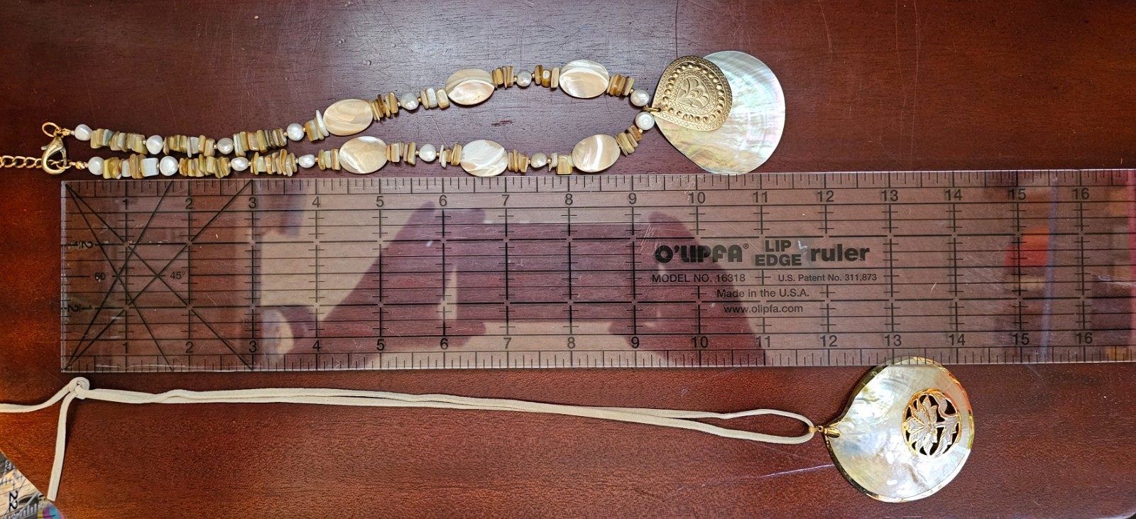 2 Large Mother of Pearl Seashell Necklaces w/Carved, Gilded & Stamped Components