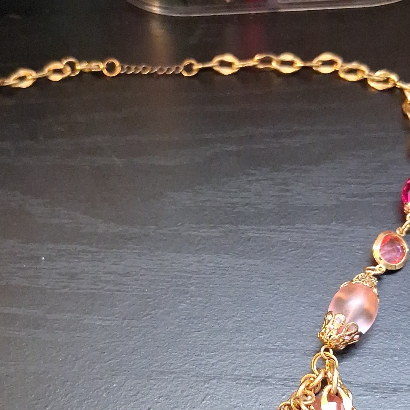 Gold Tone Multi Strand Cable Chain Necklace Pink Red Crystal Bead Charm Dangles