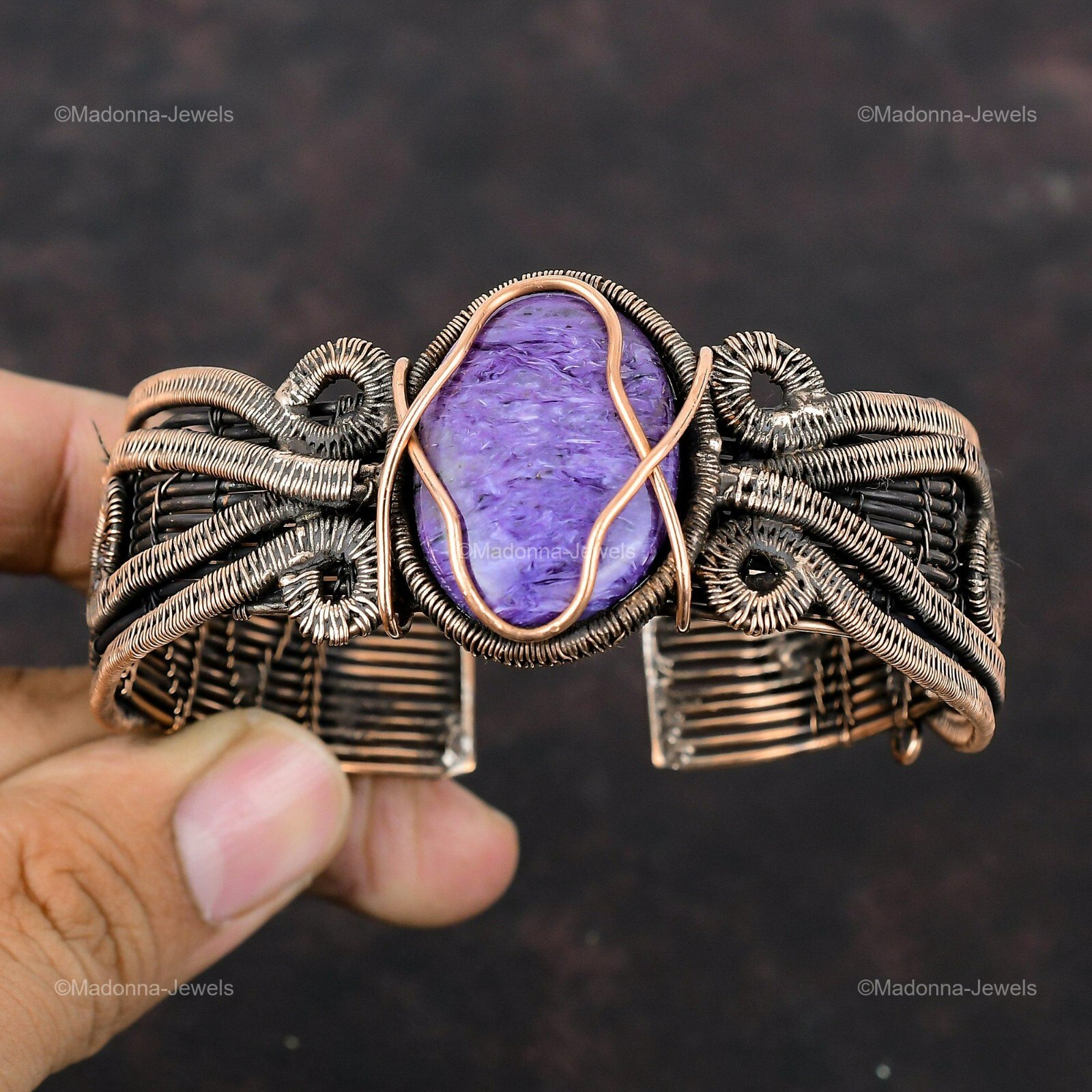 Russian Charoite Copper Gift For Friend Wire Wrapped Cuff Adjustable Bangle