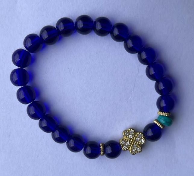 Blue Beaded Bracelet with Gold Clover Charm