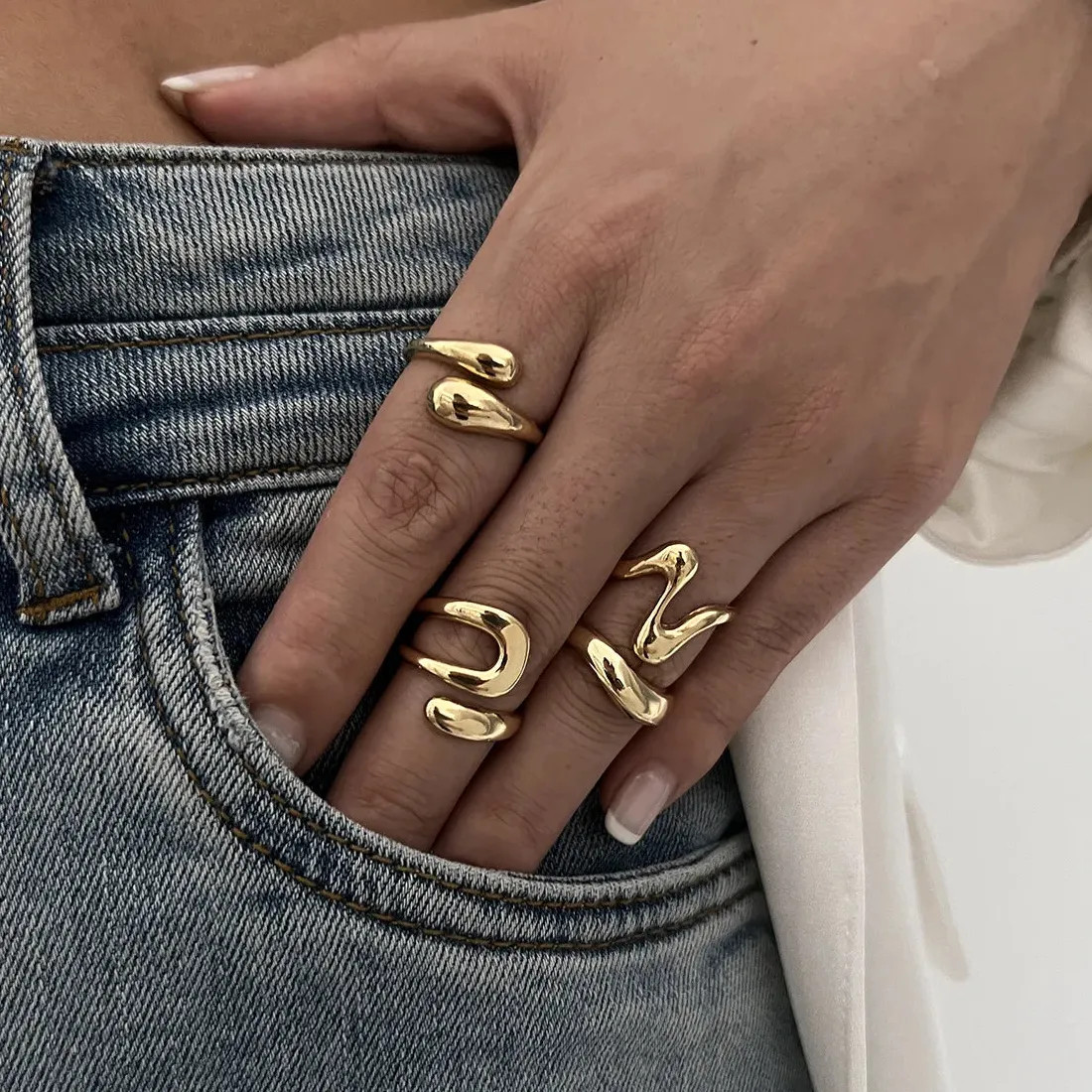 Vintage Gold Tone Punk Geometric Irregular Open Mood Tracker Ring Set for Women