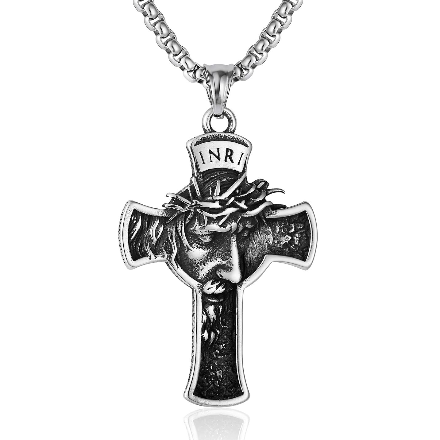 Mens Stainless Steel Jesus Christ Face Crucifix Cross Gothic Pendant Necklace