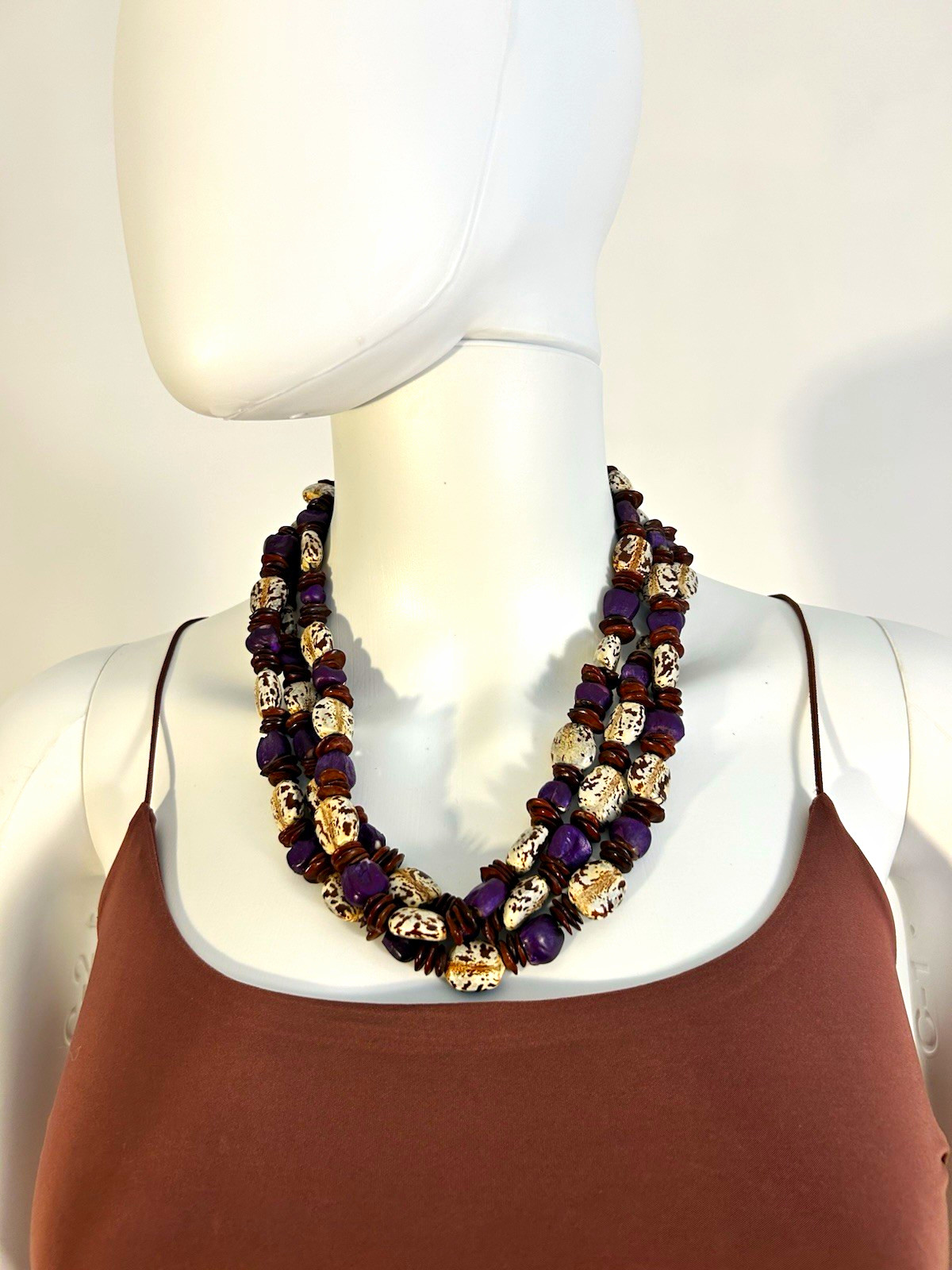 Purple Brown Beige Vintage Bean Bead Layered Statement Necklace Bohemian