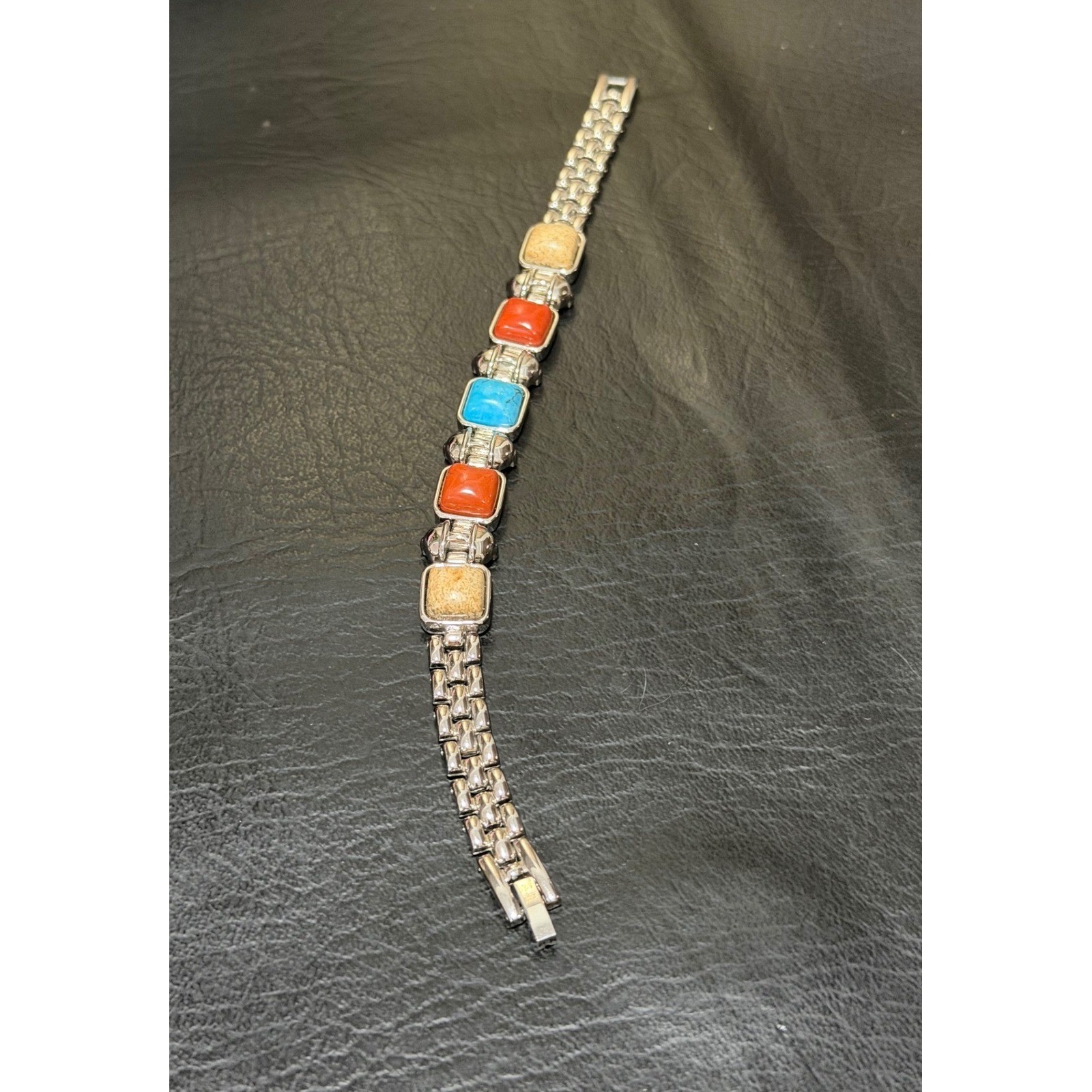 Link Bracelet Womens Multi Faux Stone Silver Excellent Southwestern Boho Square