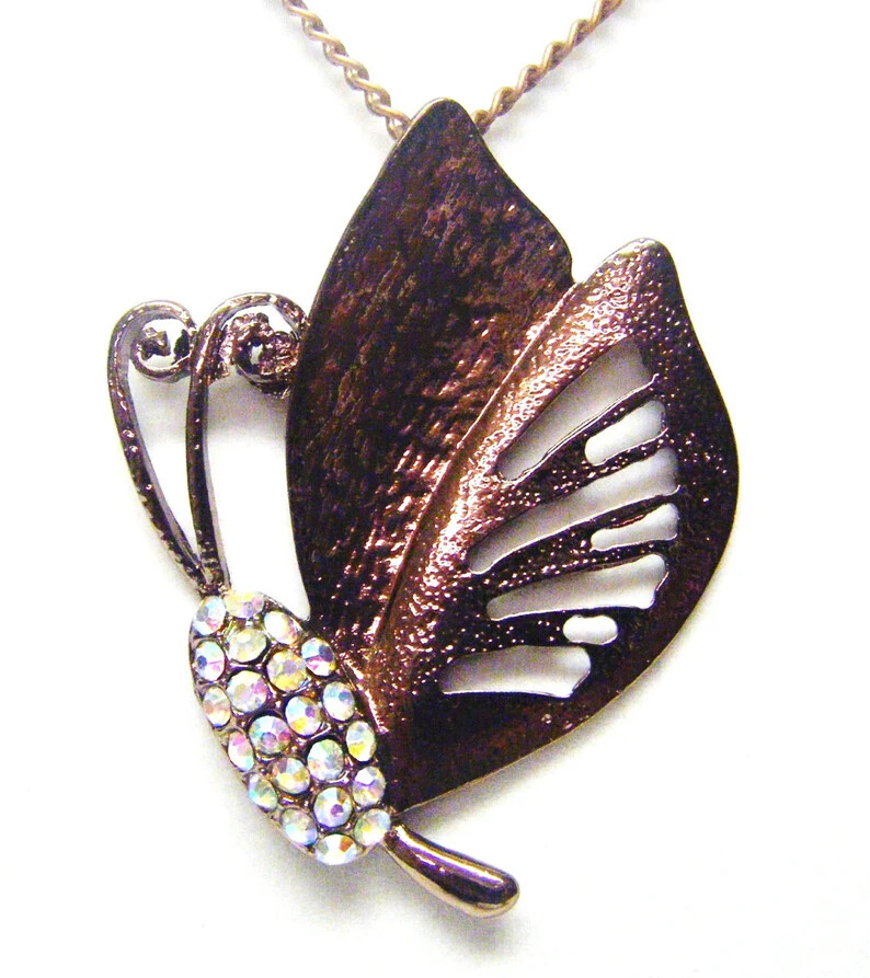 Rhodium Finished Copper Butterfly w/Rhinestones Pendant Necklace